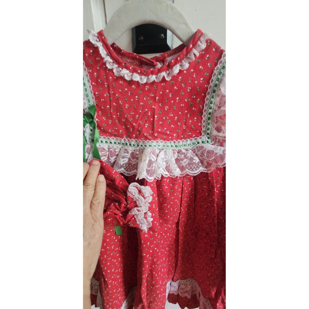 Vtg Bryan girls Sz 5 floral calico Christmas dress intricate white lace ribbon - Picture 4 of 7